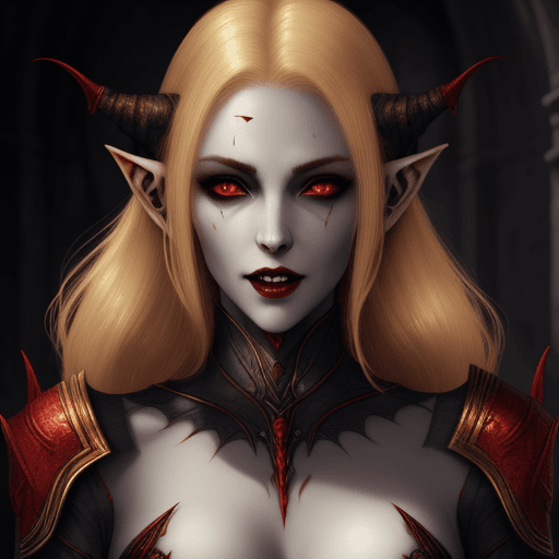 AI generated: ESO Altmer woman, golden hair, pale skin, vampire fangs, beautiful, pointy ears, red eyes
