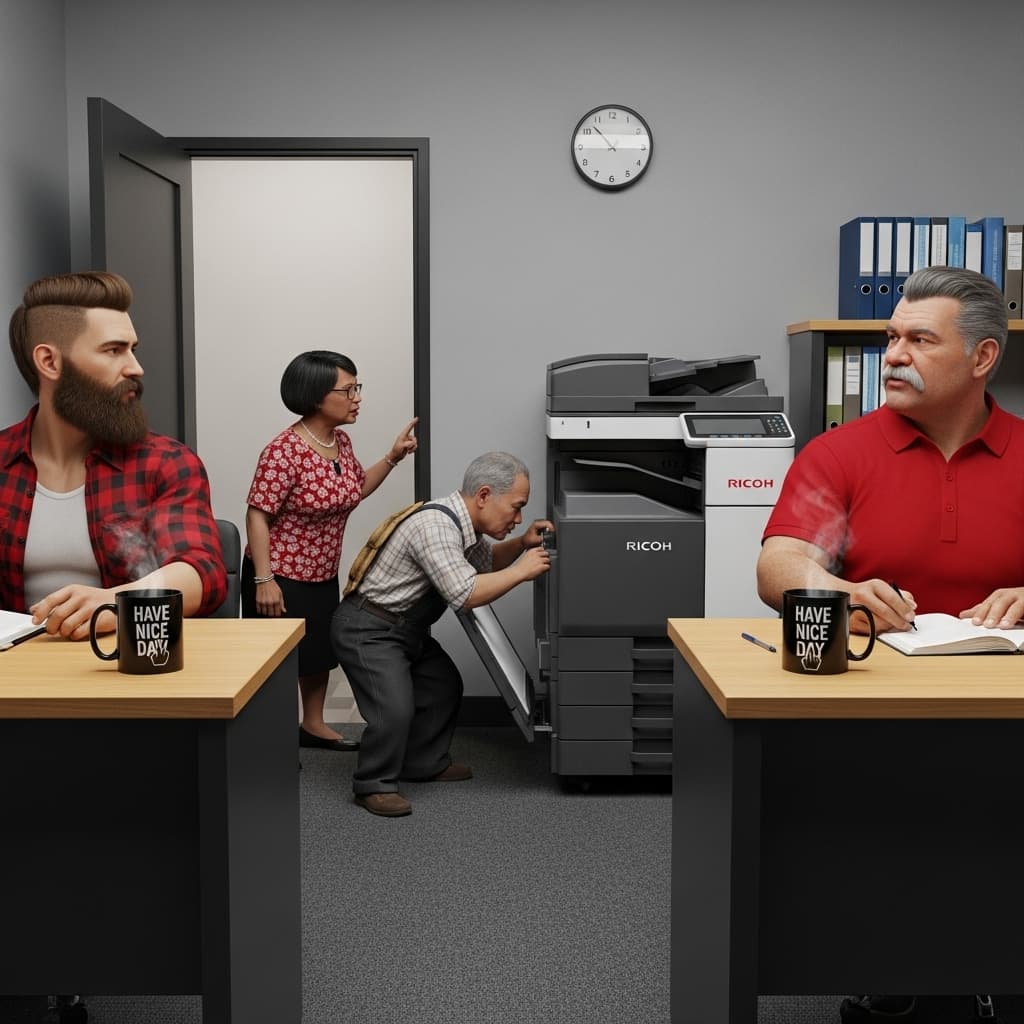 AI generated: Generate a realistic lifelike image of a small office, there are two corner desks opposite each othe...