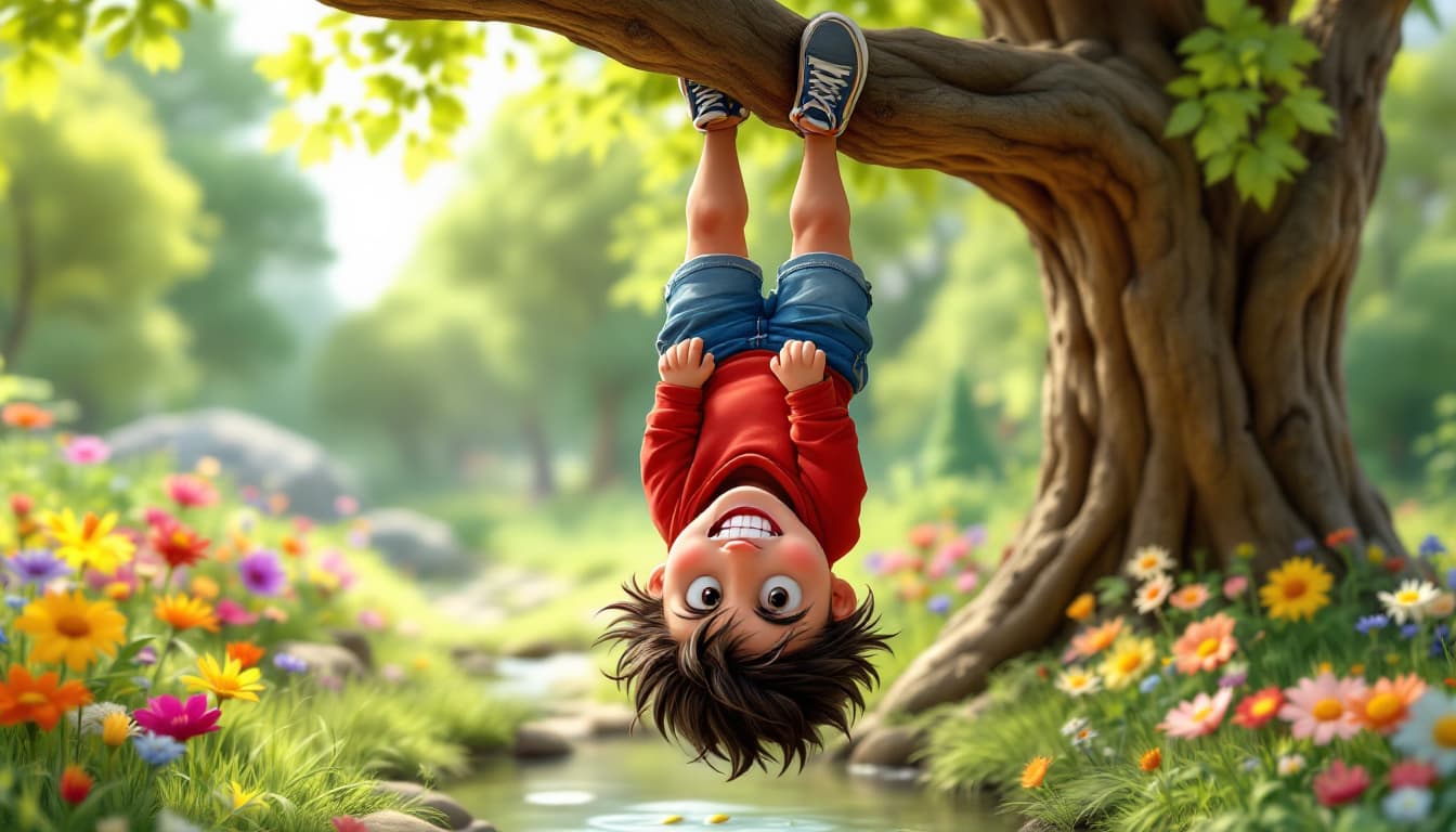 AI generated: "A playful and energetic 3D cartoon boy, around 9 years old, hanging upside down from a sturdy tree ...