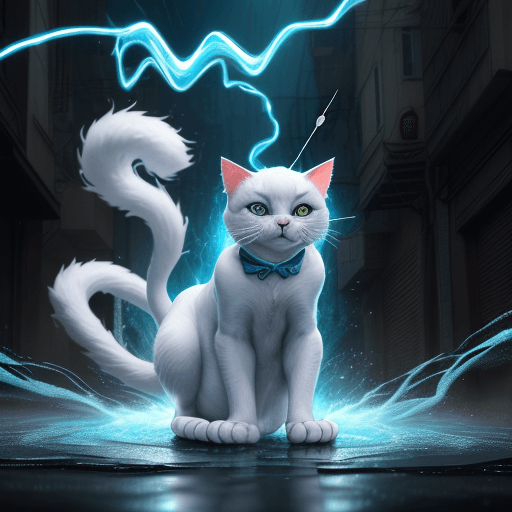 AI generated: an anthropomorphic cat wearing white linen is depicted in an action pose, swirling water with an arr...