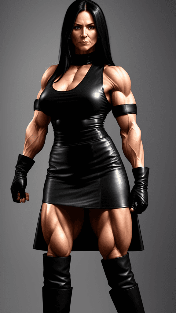 AI generated: 40 year old strong muscular woman, toned biceps, long black hair, wears black Leather skirt, black L...
