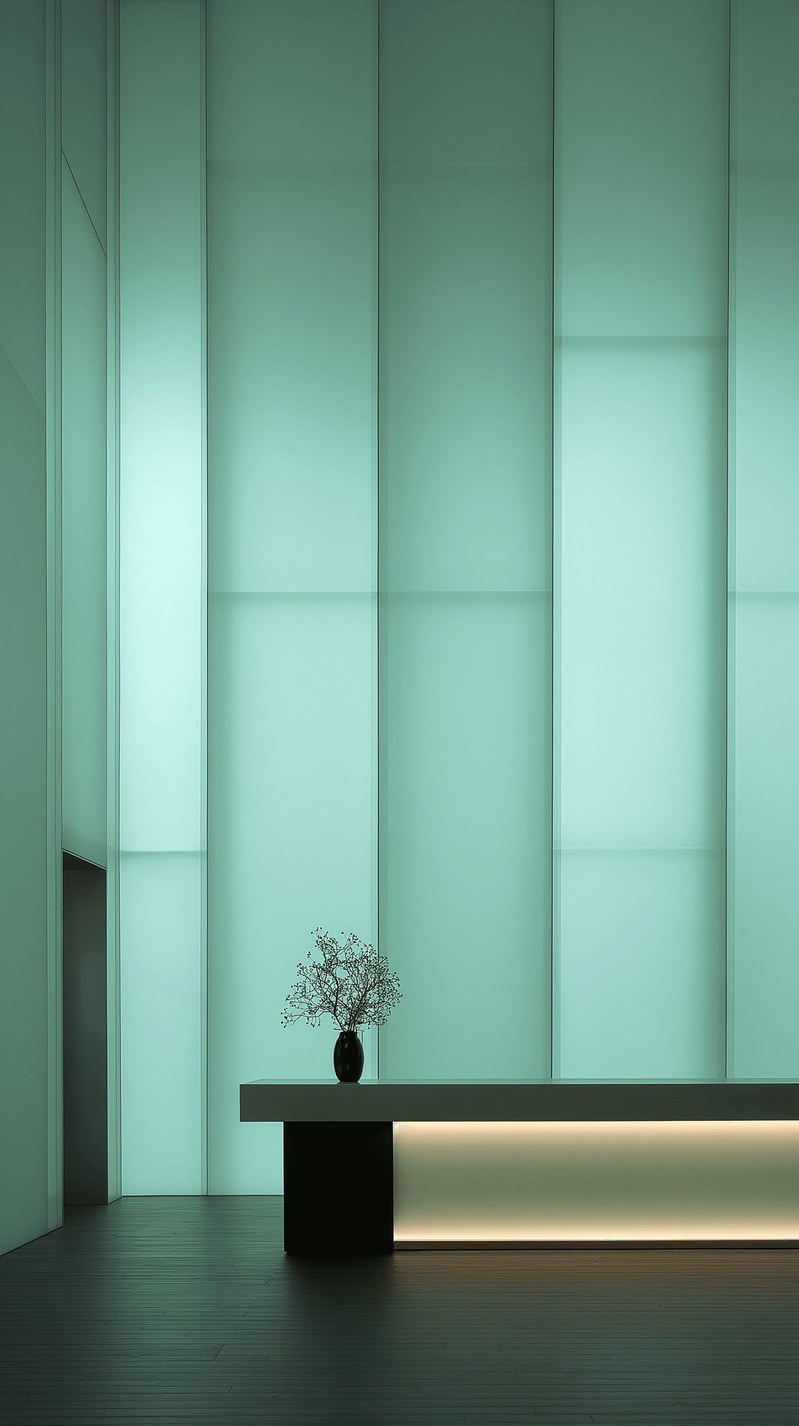 AI generated: architectural photography, perspective, interior space, vertical light panels transition, creating a...