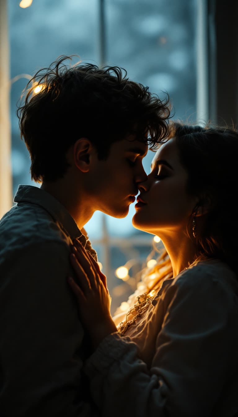 AI generated: Kid boy is kissing Hayley Atwell, together , kid boy and a woman , lullaby , romance, night, low lig...