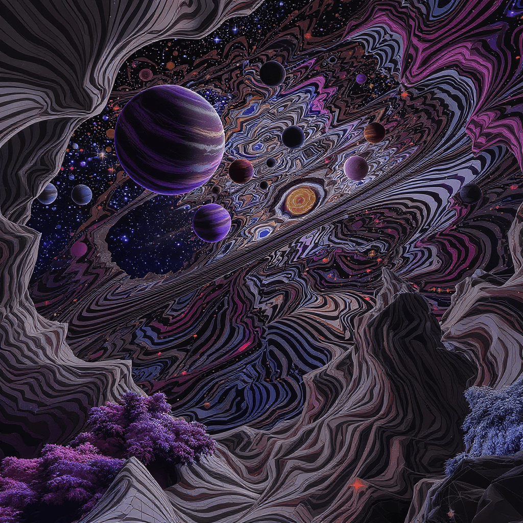 AI generated: Medieval giant space planetarium, 3D op art style, detailed 3D Op Art Trippy Optical Illusion Liquif...