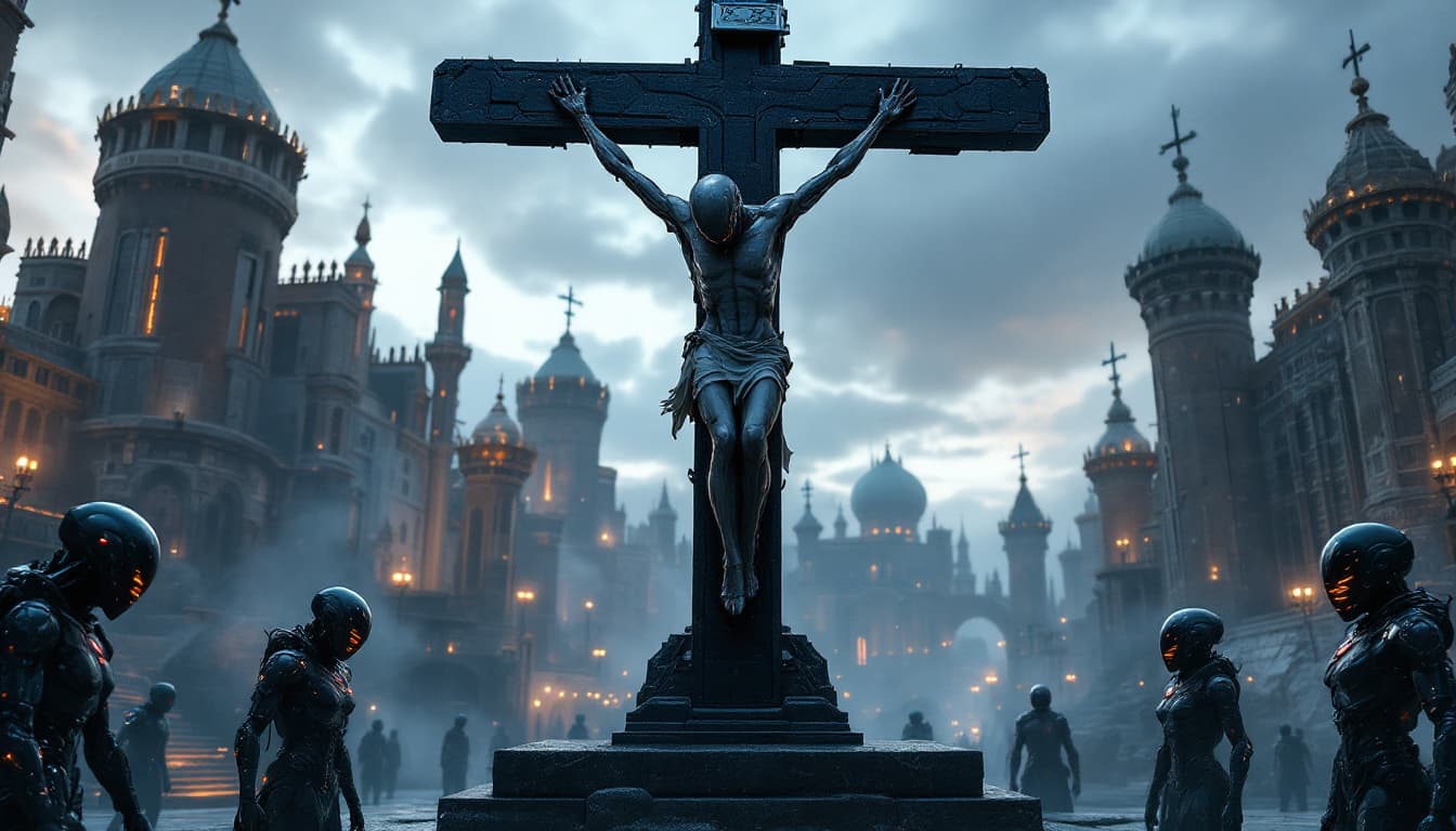 AI generated:  a sci-fi. scenery representing futuristic humanoids crucified, againts cyber cross,in a medieval ci...