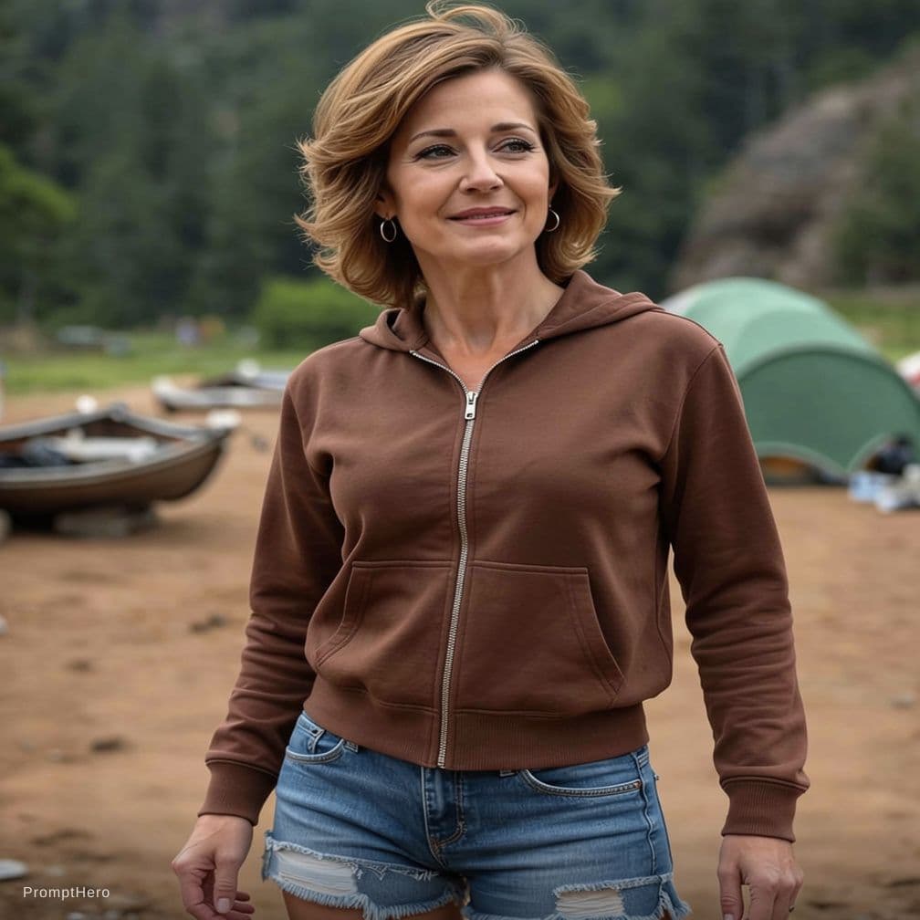 AI generated: show the woman from the reference image in the same pose and scene, with her sweatshirt totally open...
