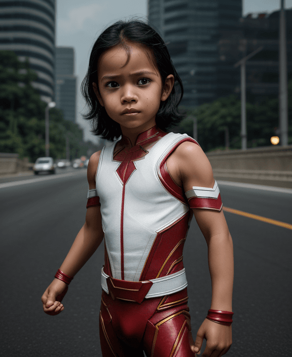 AI generated: epic realism, small child, superhero from indonesia, indonesian superhero, handsome, shoulder length...