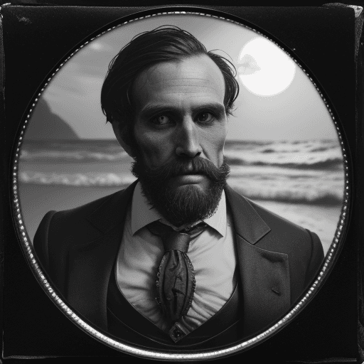 AI generated: detailed and intricate square daguerreotype photograph of a stout man in the midst of transforming i...