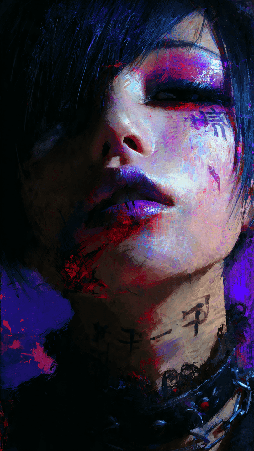 AI generated: goth punk female,poster,brushstroke,,fantasy,face,soft glitch effect,poisoned plump lips,cute,jp fem...