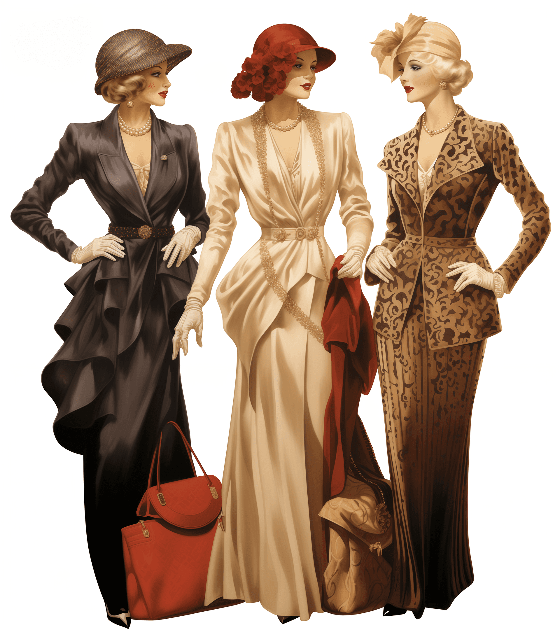AI generated: vintage fashion illustration, three women in different poses wearing elegant outfits and gloves, one...