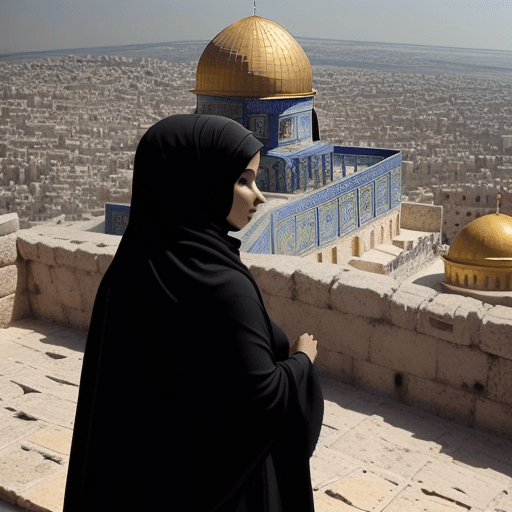 AI generated: dome of the rock , This image shows a woman standing on a hill overlooking a dome of the rock . The ...