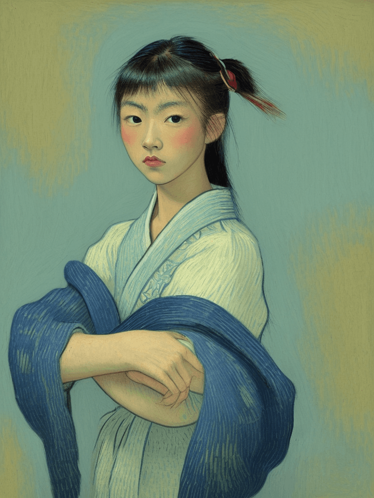 AI generated: an asian girl,simulate vincent van gogh style,NSFW,portray a person