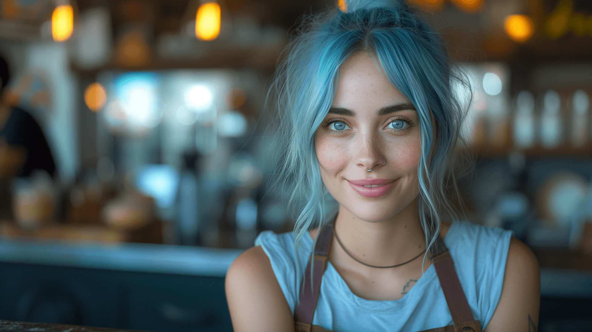 AI generated: a blue haired girl, in her 30s, professional outlook with smile, sharp details, photo style raw --st...