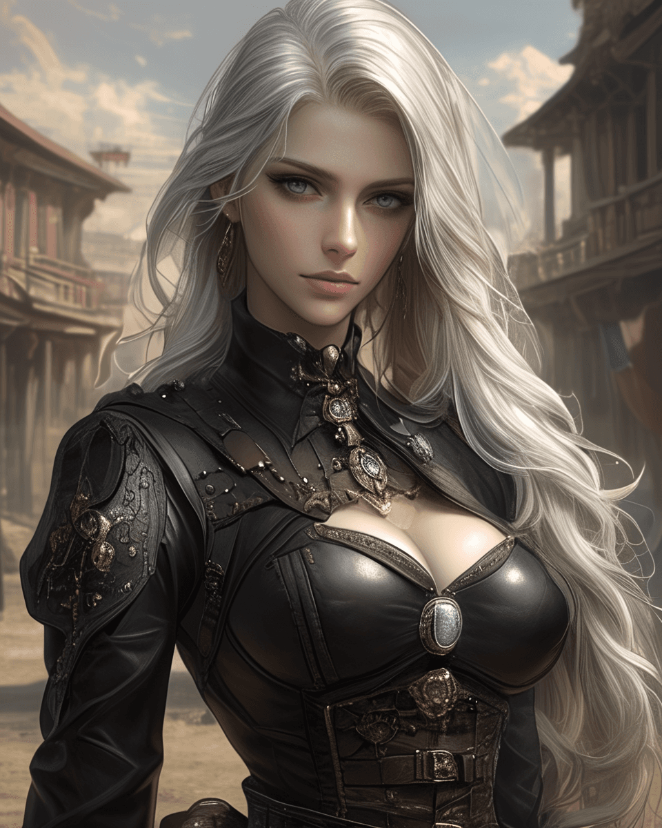 AI generated: long silver hair woman in steampunk leather black suit, in a western-dieselpunk style, asymmetrical,...