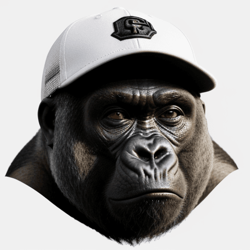 AI generated: A gorilla face, intimidating expression, close up, wearing a baseball cap, white color background, p...