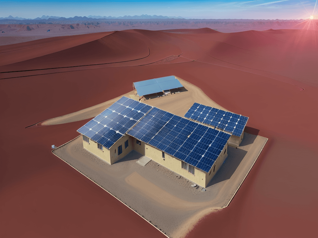 AI generated: High-resolution photo, solar panels, PV panels, panel arrays, desert, wind turbines, small house, re...