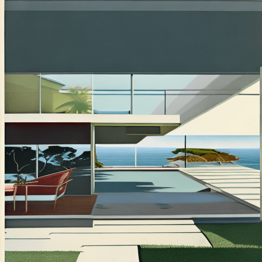 AI generated: Hyper realistic eye level exterior photo of a mid century modern style house overlooking the ocean, ...