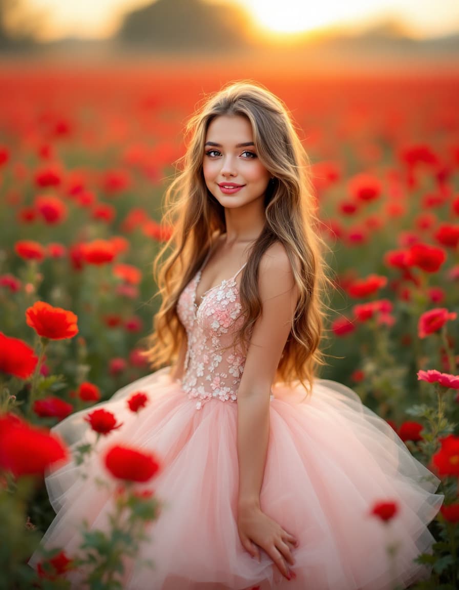 AI generated: A beautiful girl in a Tutu dress, in the middle of a field full of red flowers, with sunset light, l...