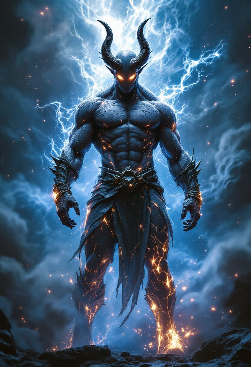 AI generated: God of Storm, full-body, No Hair or mouth, fractured Skin, Etherial, muscular, Glowing stormy eyes, ...