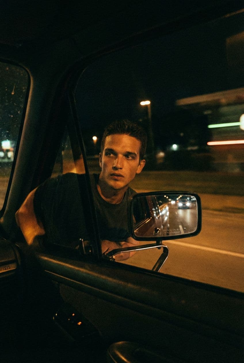 AI generated: he is driving at night, close up cinematic shot of him viewing through the rear view mirror.   the p...