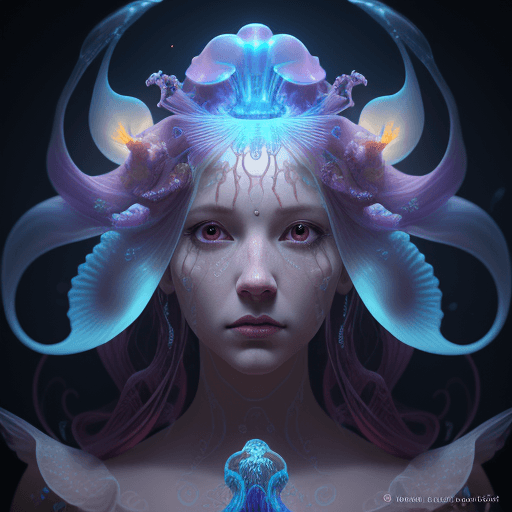AI generated: Goddess close-up portrait ribcagel. jellyfish phoenix head, nautilus, orchid, skull, betta fish, bio...
