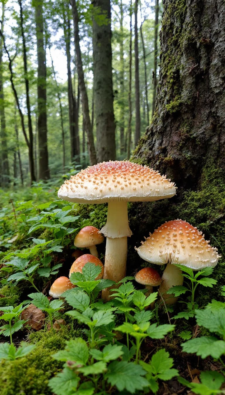 AI generated: In the green and healthy forest, there are some healthy looking mushrooms