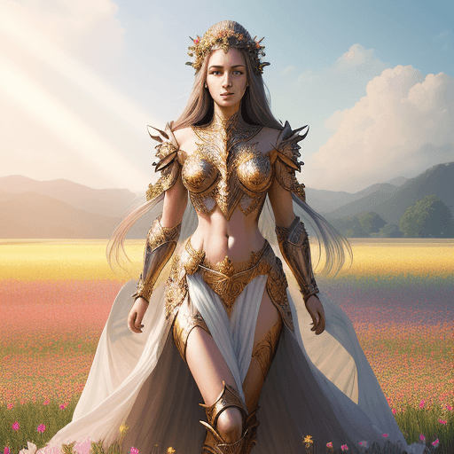 AI generated: hyperrealistic full length portrait of gorgeous goddess | standing in field full of flowers | detail...