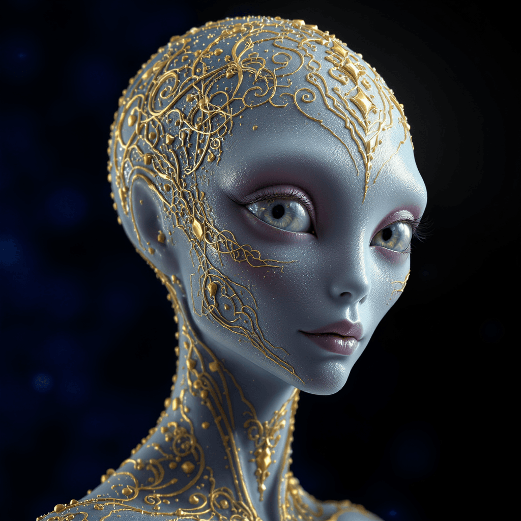 AI generated: Close-up of an ethereal alien with an elongated, graceful head and large, crystal-like eyes full of ...
