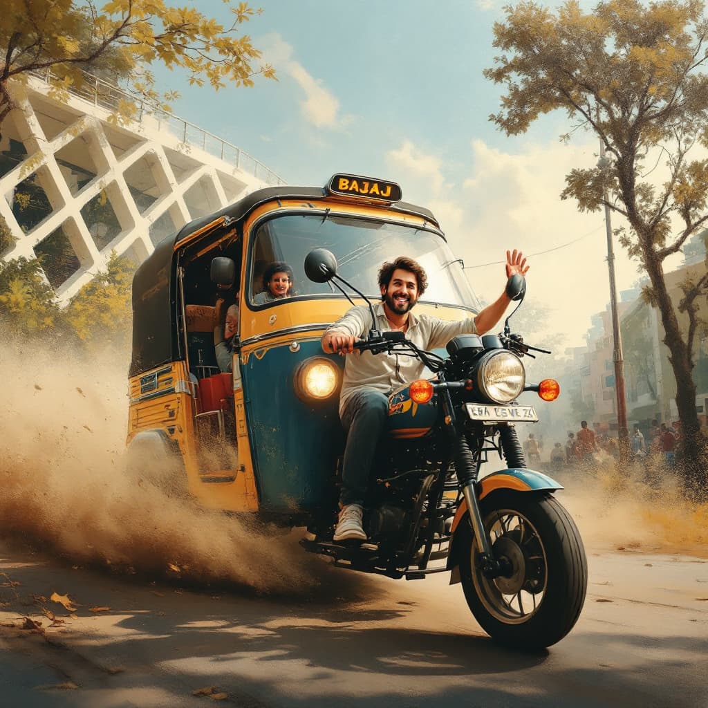 AI generated: 
A masterpiece best quality, UHD, 4K, wide shot of a BAJAJ RE three wheel model unit and a painted i...