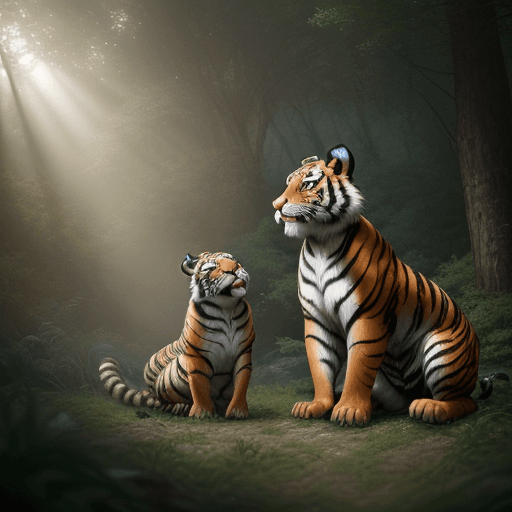 AI generated: cartoonish style of a cute tiger singing and sarounded by rabits and squirels, deers cheering in a f...