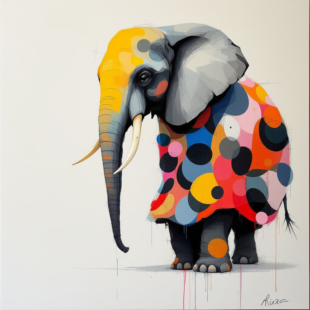 AI generated: abstract painting of an elephant wearing a dress, in the style of Miro, graceful movements, disinteg...