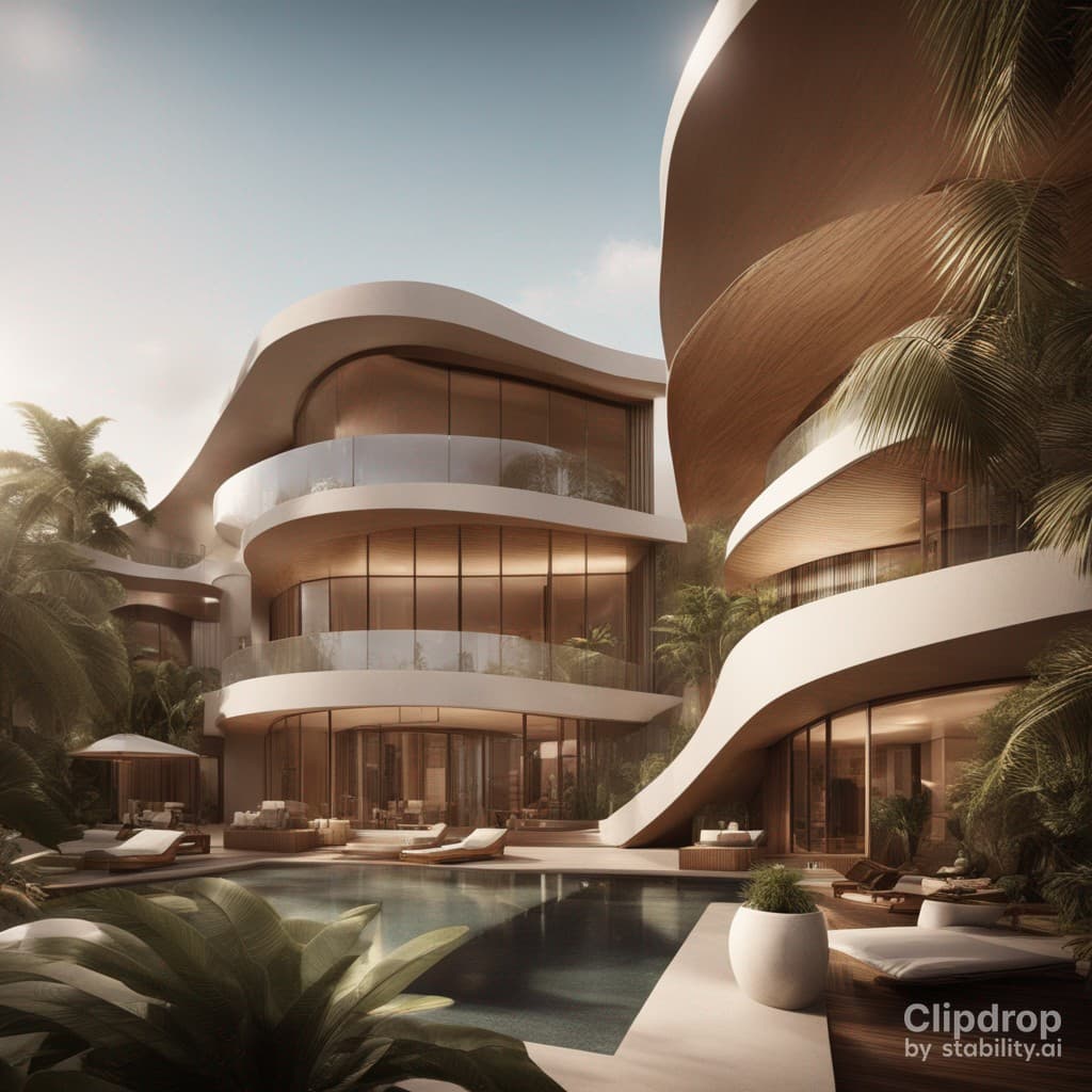 AI generated: Stylish modern building with smooth facade lines design in African patterns:: ultra modern::1 tropic...