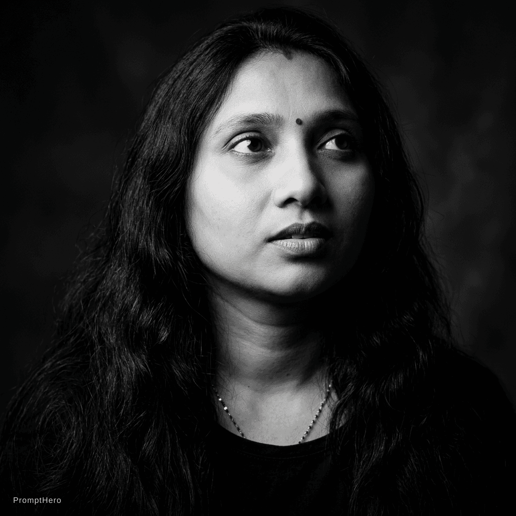 AI generated: Portrait of a woman with long, wavy hair, looking up and to the side. Black and white with strong ch...
