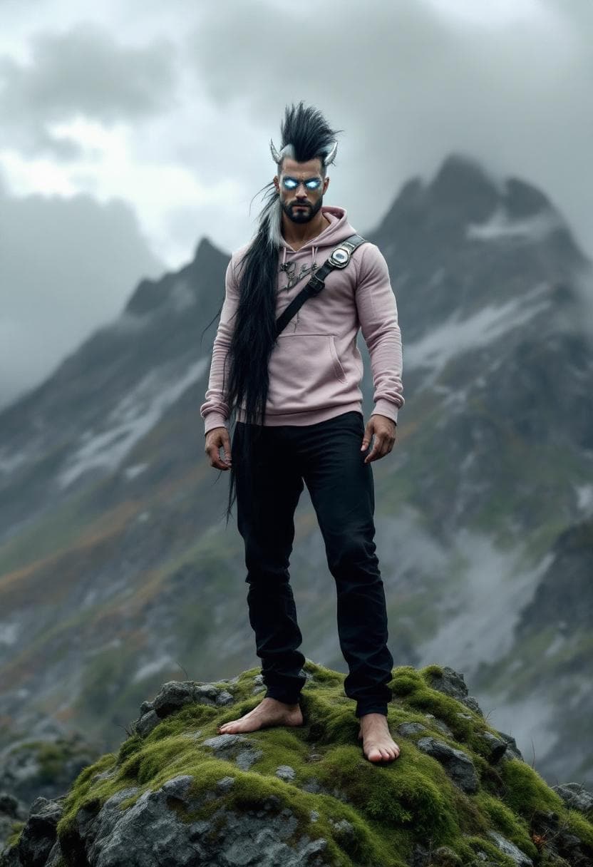AI generated: A tall, muscular yet lean man stands on a moss-covered rock at the top of a mountain beneath a sky f...
