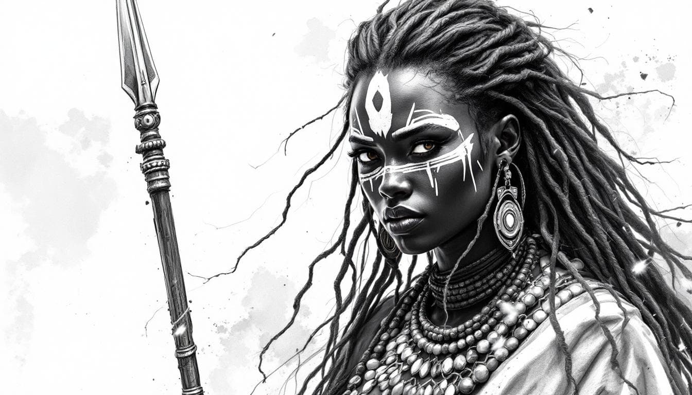 AI generated: black and white drawing of a african female princess warrior woman with silky hair, wearing white wa...