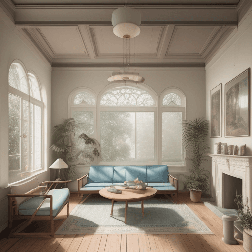 AI generated: High resolution photography interior design, dreamy sunken living room conversation pit, wooden floo...
