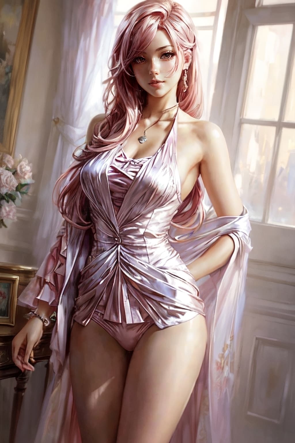 AI generated: beatiful anime girl in classic suit with pink hair [by Michael & Inessa Garmash, Ruan Jia, Pino Daen...