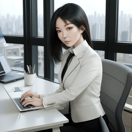 AI generated: A professional Korean woman in an office setting, wearing a stylish business suit, with sleek dark h...