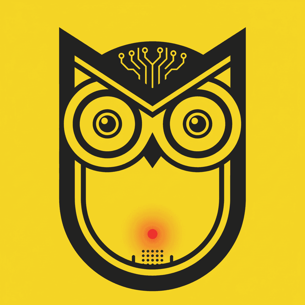 AI generated: Technical Logo, without text, yellow and black, representing a brainy AI powered owl (with closed wi...