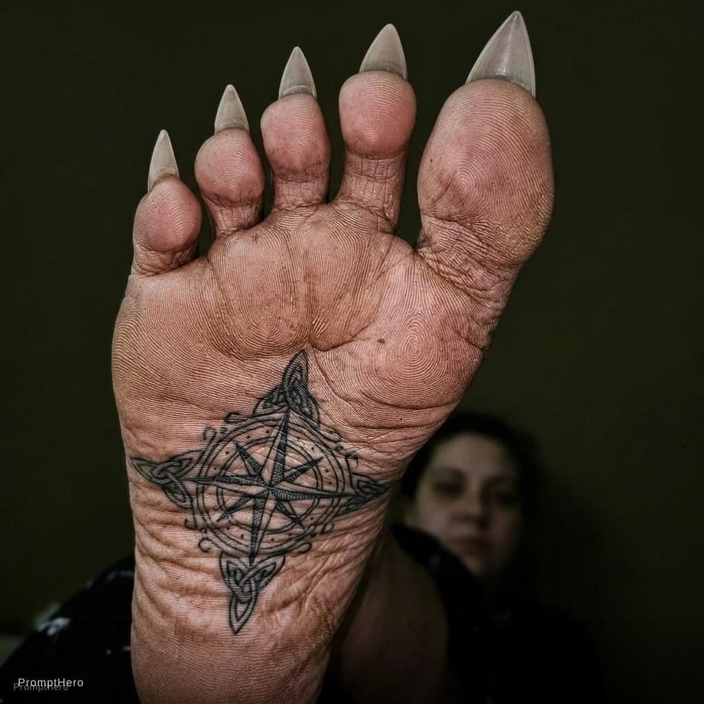 AI generated: Extremely wrinkled soles with tattoo in arch. Long sharp toenaila