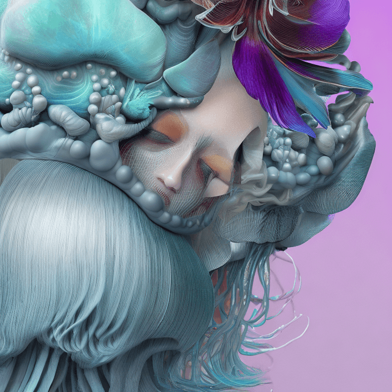 AI generated: Goddess close-up portrait ribcagel. jellyfish phoenix head, nautilus, orchid, skull, betta fish, bio...