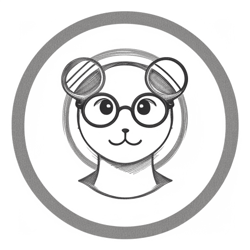 AI generated: round shaped logo, white background, sketch, head seal, happy, wearing round glasses 
