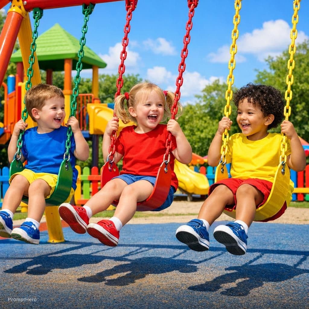 AI generated: Make a photo with pre school kids playing on the swings wearing blue, red and yellow to shirts make ...