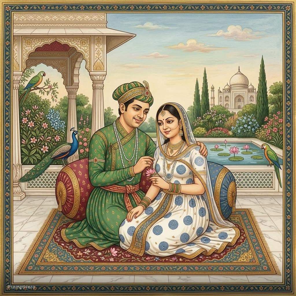 AI generated: Using the exact couple from the reference photo as the subjects, create an original Mughal Miniature...