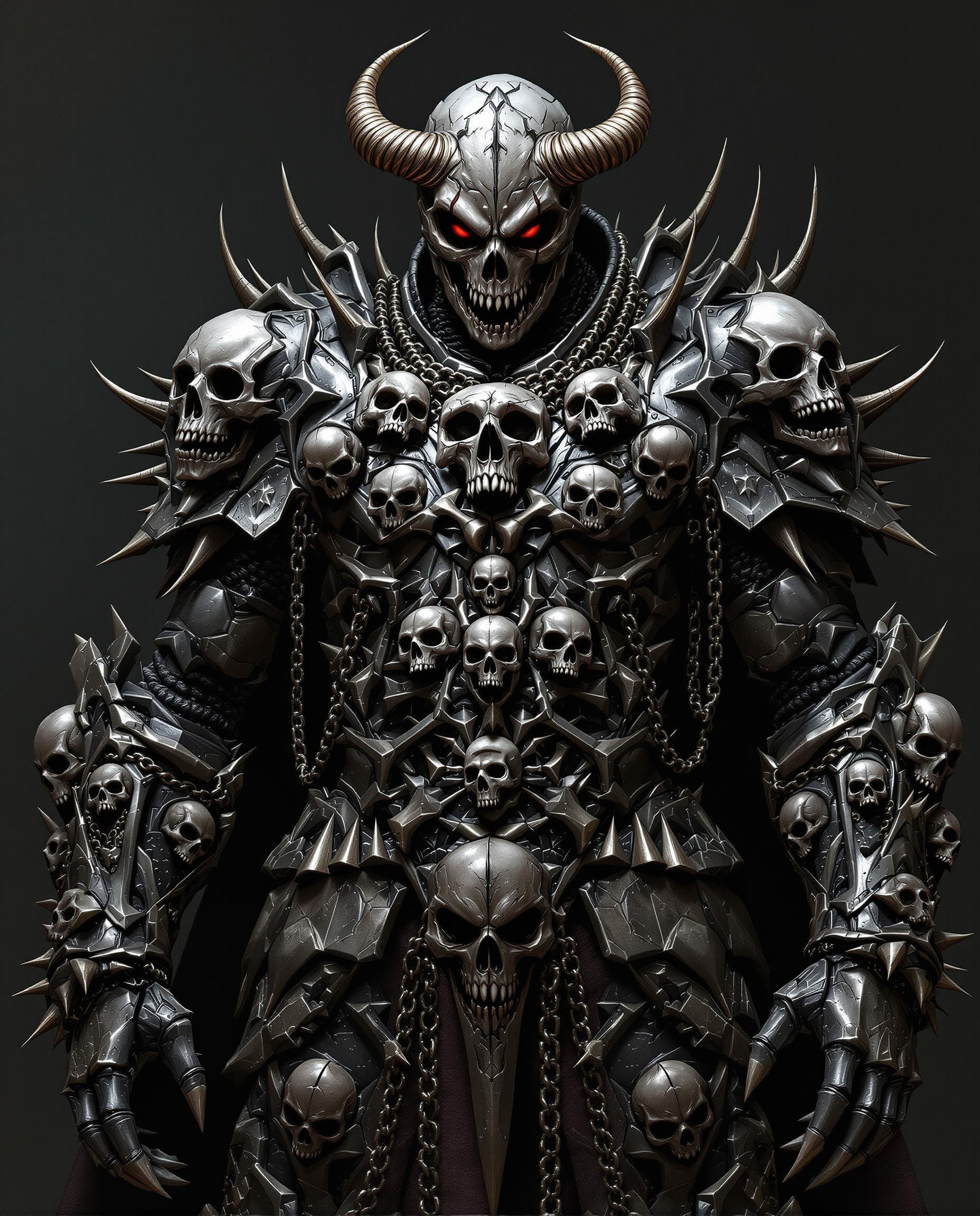 AI generated: The demonic figure is clad in armor that seamlessly integrates skull motifs into its design, adding ...