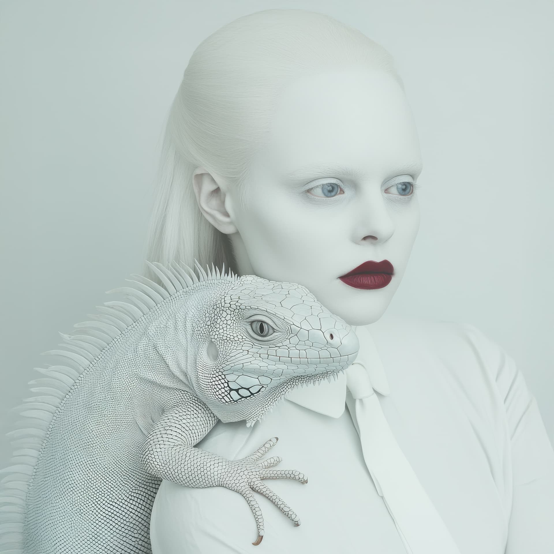 AI generated: Woman portrait, skin painted in white, eyebrows and eyelashes all white, pale blue eyes, wearing a w...