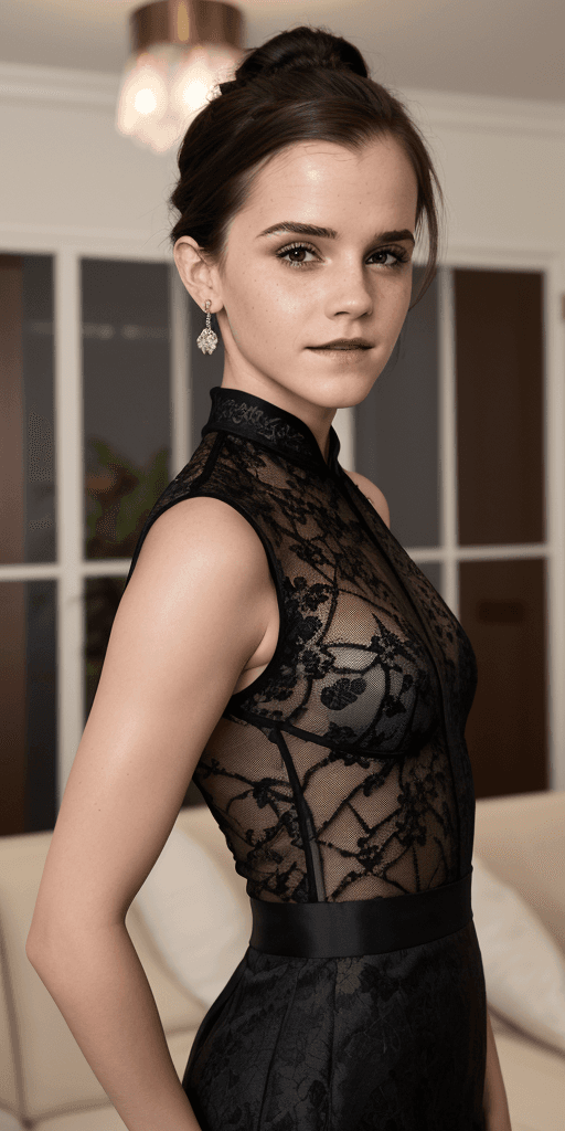 AI generated: Emma Watson is a stunning young woman who captures everyone's attention with her black hair pulled b...
