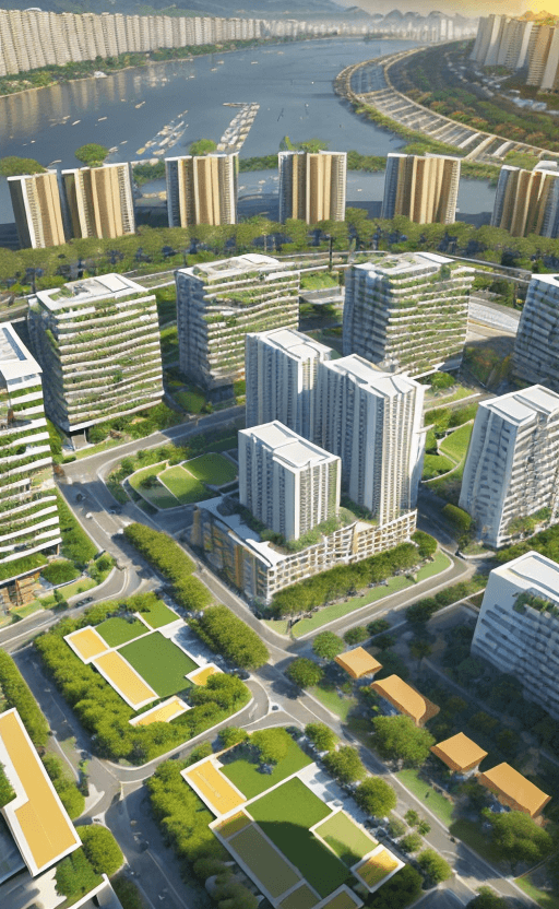 AI generated: a magnificent modern ecotourism village with many different and singular residential buildings desig...