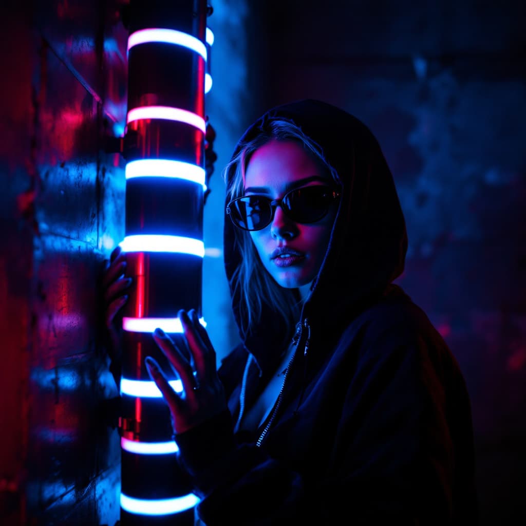 AI generated: A Stunning Woman wearing dark sunglasses and a dark hooded jacket stands amidst a futuristic, dimly ...