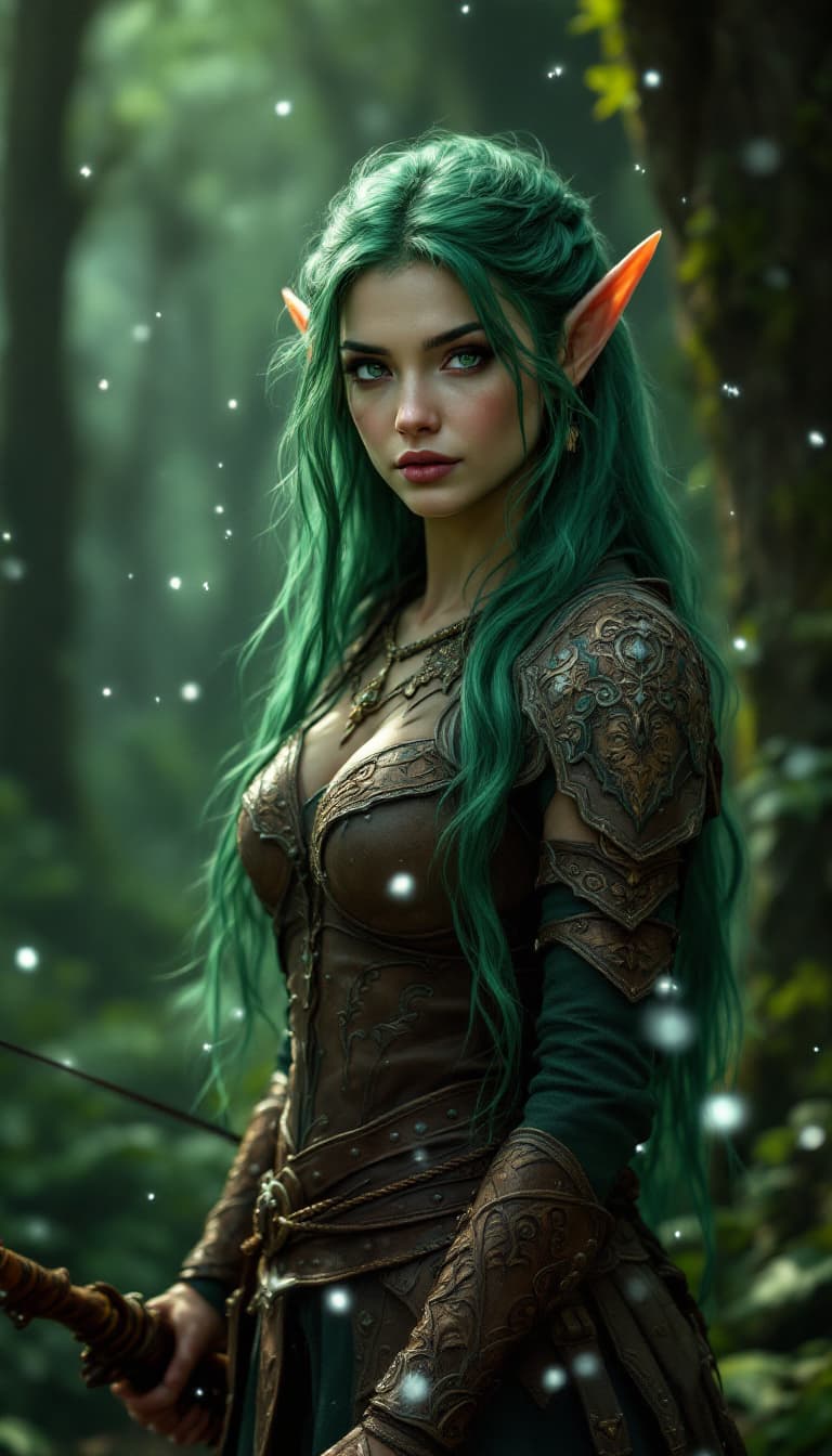 AI generated: Dynamic angle, full body view, realistic, female elven archer, long emerald green hair, ornate leath...